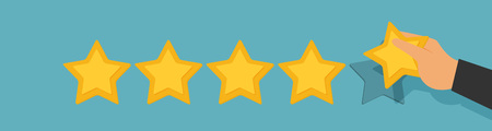 Vector customer review concepts in flat style - male hand choosing positive review.