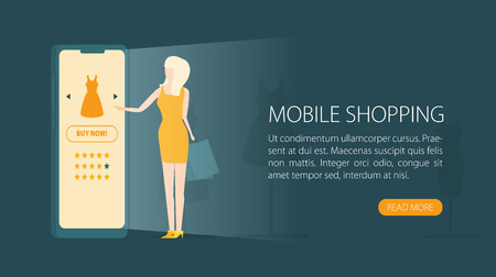 Flat vector. Young woman shop online using smartphone.のイラスト素材