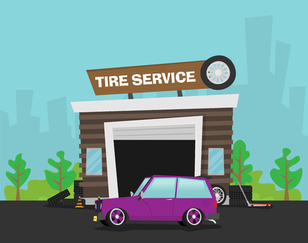 Tire wheel service shop garage with car flat vector illustrationのイラスト素材