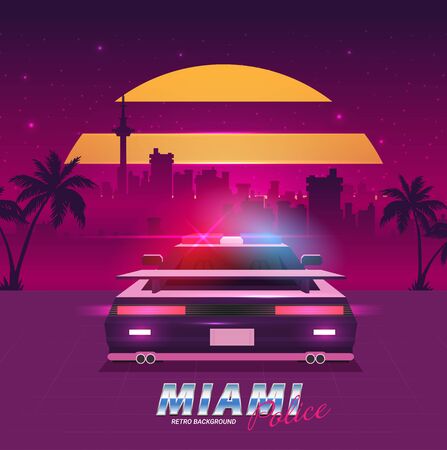 Retro future, 80s style Sci-Fi Background. Futuristic car.のイラスト素材