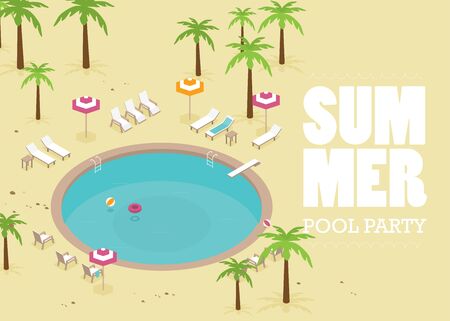 Vector creative concept design on isometric swimming pool with chaise lounges, parasol umbrellas and otherのイラスト素材
