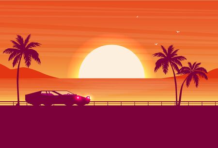 Flat vector banner with summer travel landscape. Background illustrationのイラスト素材