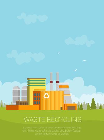 Waste Recycling Concept. Factory Building in Flat.のイラスト素材