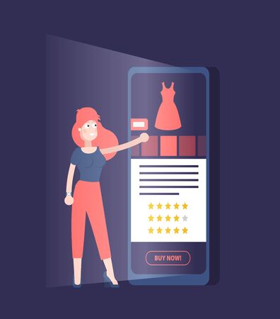 Flat vector. Young woman shop online using smartphone.のイラスト素材