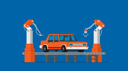 Factory conveyor. Car assembly. Intelligent industry automatic robot.Vector flat illustration plant.のイラスト素材