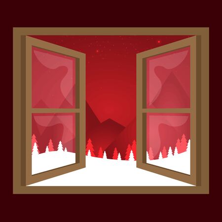 Window overlooking the winter landscape. Cartoon flat style. Vector illustration.のイラスト素材