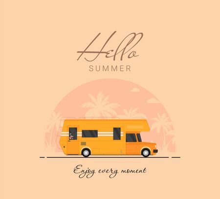 Summer holidays vector illustration,flat design beach with car and surfのイラスト素材