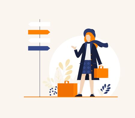 Young girl travel with baggage flat vector illustrationのイラスト素材