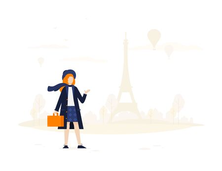 Young girl travel with baggage flat vector illustrationのイラスト素材