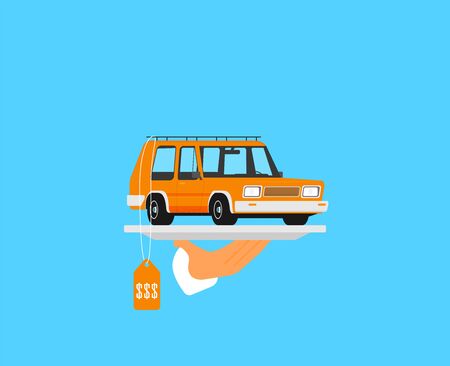 picture of human hand holding tray with car, flat style illustrationのイラスト素材