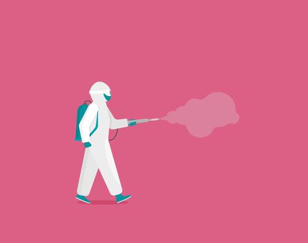 Man in hazmat. Protective suit, gas mask and gas cylinder for disinfection coronavirus. Flat vectorのイラスト素材