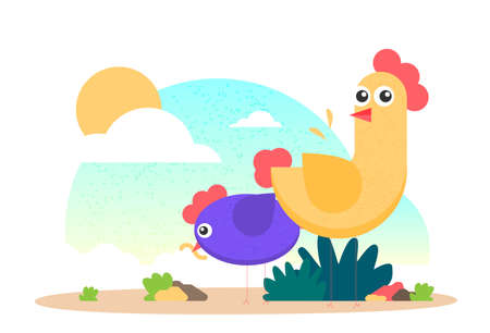 Cartoon flat vector chicken funny setのイラスト素材