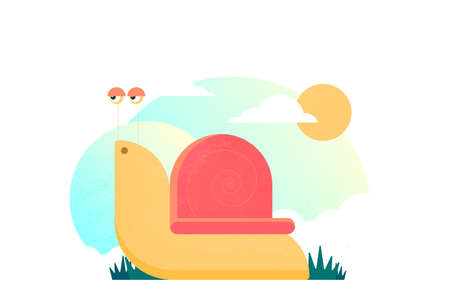 Flat vector cartoon snail with tree and skyのイラスト素材