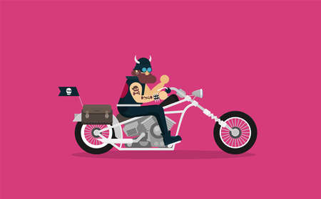 Flat vector classic motorcycle with brutal cartoon bikerのイラスト素材