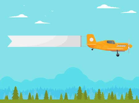 Flying vintage plane with the advertising banner modern flat concept. Template for a text web bannersのイラスト素材