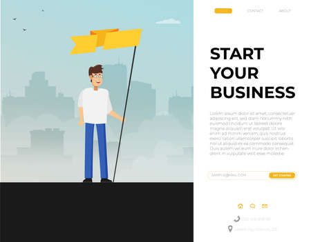 Businessman holds flag stand on top of mountain celebrating success. Vector illustration flatのイラスト素材