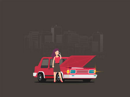 The girl is looking at broken motor. Flat vector.のイラスト素材