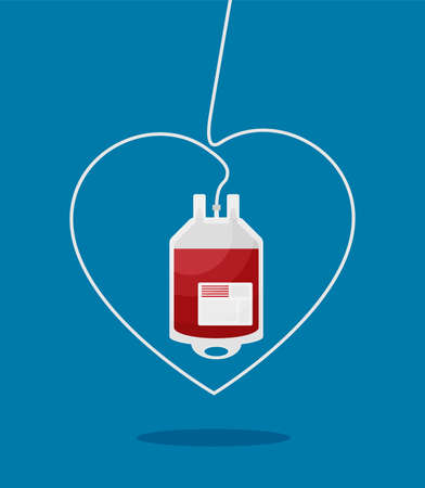 Blood donation bag with tube shaped as a heart. Flat style vector illustrationのイラスト素材