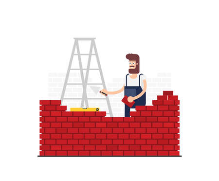 Flat young man bricks stacker with equipment makes wall.のイラスト素材