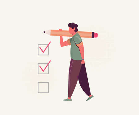Positive business man with a giant pencil on his shoulder nearby marked checklist on a clipboard paper. Illustration flat design styleのイラスト素材