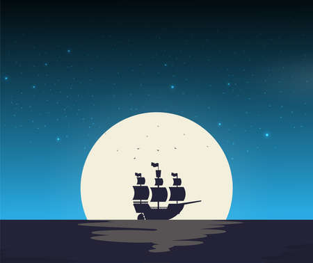 Ship in the night vector, flat illustrationのイラスト素材