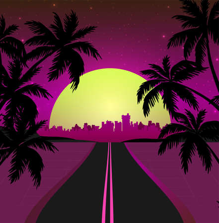 Retro future, 80s style Sci-Fi Background. Futuristic car.のイラスト素材