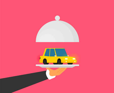 picture of human hand holding tray with car, flat style illustrationのイラスト素材