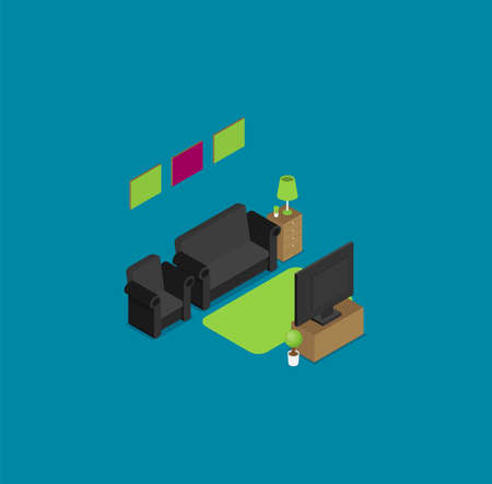 Living room with TV and sofa. Isometric flat vector.のイラスト素材