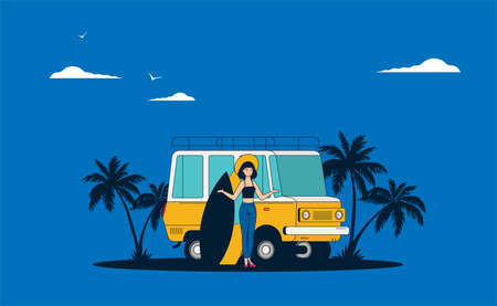 Summer holidays vector illustration, flat design beach with car and surfのイラスト素材