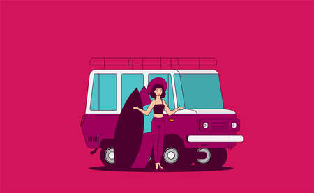 Summer holidays vector illustration, flat design beach with car and surfのイラスト素材