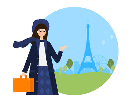 Young girl travel with baggage flat vector illustrationのイラスト素材