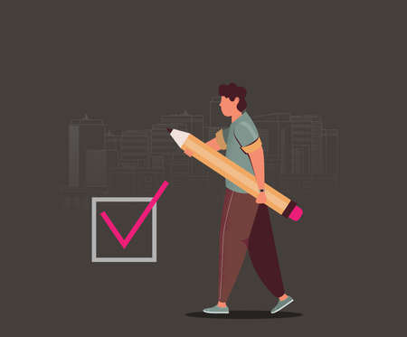 Positive business man with a giant pencil on his shoulder nearby marked checklist on a clipboard...