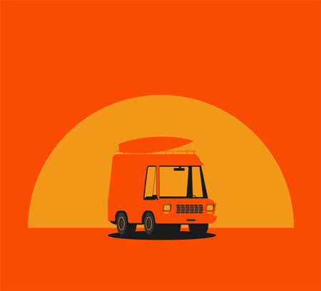 Summer holidays vector illustration, flat design beach with car and surfのイラスト素材