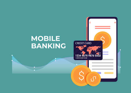 Flat design vector colored illustration concept for mobile banking and online payment isolated on bright backgroundのイラスト素材