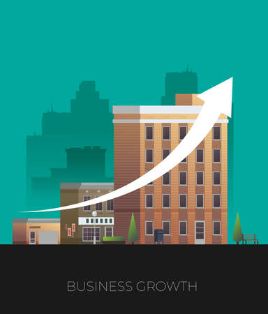 Growth of business. Buildings of company small, middle and big. Flat vector.のイラスト素材