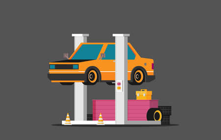 Car repair. Car lifted on auto lift. Vectorのイラスト素材