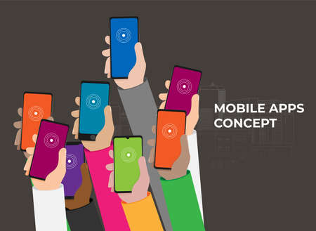 Mobile apps concept. Flat design vector illustration. Human hand with mobile phoneのイラスト素材