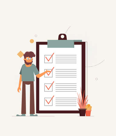 Positive business man with a giant pencil on his shoulder nearby marked checklist on a clipboard paper. Illustration flat design styleのイラスト素材
