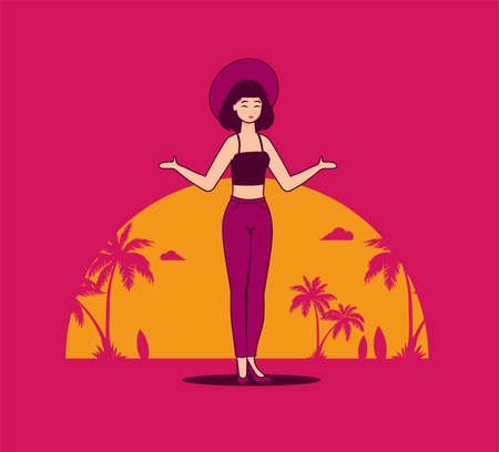 Summer holidays vector illustration with girl, flat design beachのイラスト素材