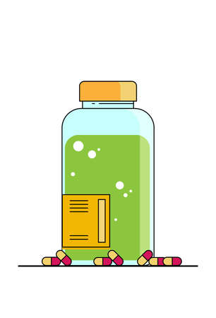 Vector flat pill bottle with capsule pills and glass with waterのイラスト素材