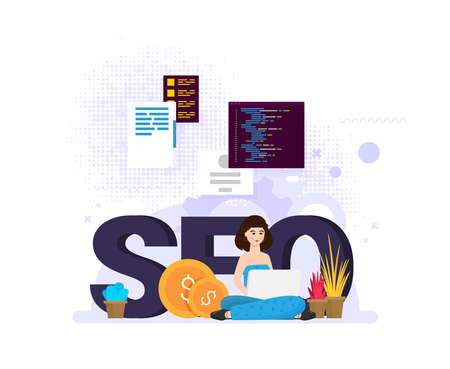 Flat design modern vector illustration concept of SEO word combined from elements and icons which symbolized a success internet searching optimization process. Concept with people, letters and icons.のイラスト素材
