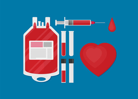 Blood donation bag with tube shaped as a heart. Flat style vector illustrationのイラスト素材