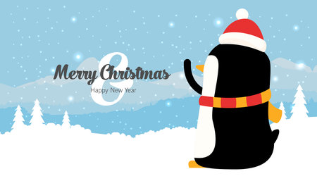 Merry Christmas and Happy New Year greeting card with cute penguin. Vector illustration.のイラスト素材