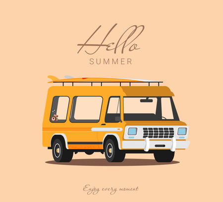 Summer holidays vector illustration,flat design beach with car and surfのイラスト素材