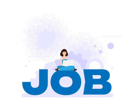 Young woman with laptop sitting on the word job. Vector illustration.のイラスト素材