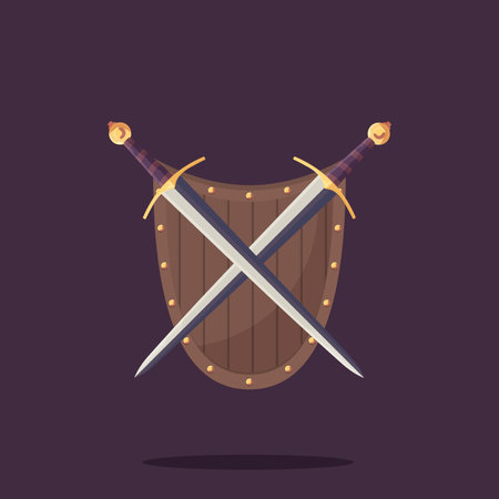 Crossed swords in a shield. Vector illustration in flat style.のイラスト素材