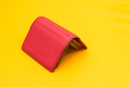 Thick red business card holder on a yellow background. Pink card bookの写真素材