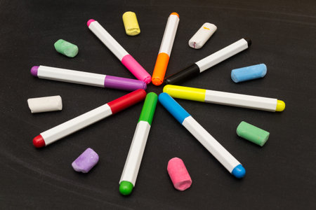 Markers with crayons in the shape of a beautiful big star. Teaching children to draw.の写真素材
