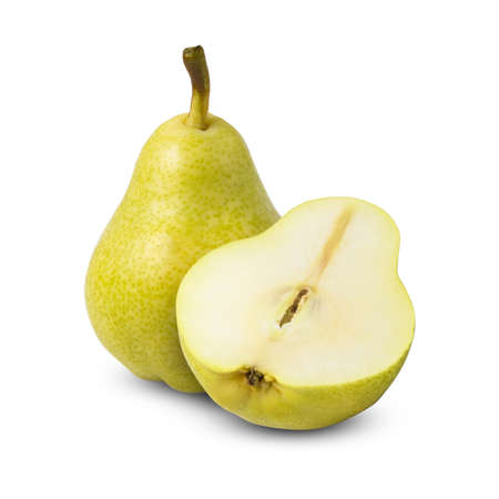 Green pear fruit with half isolated on white backgroundの写真素材