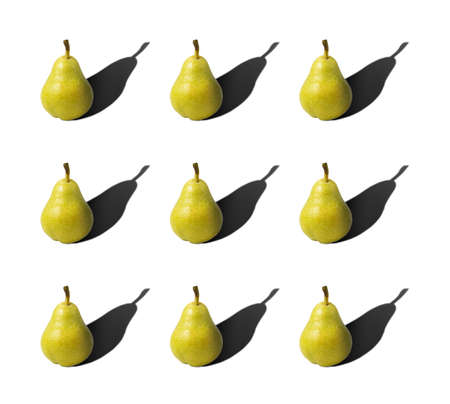 Nine fruit pears. Set of ripe pears with a hard shadow isolated on white background.の写真素材